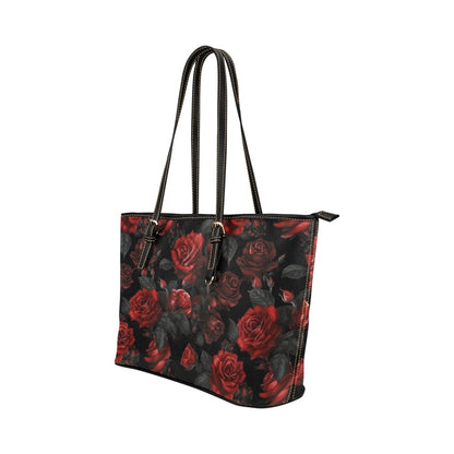 Rose Tote Bag Purse, Red Black Gothic Floral Flowers Print Handbag Women Vegan Leather Zip Top Small Large Designer Shoulder Work Ladies