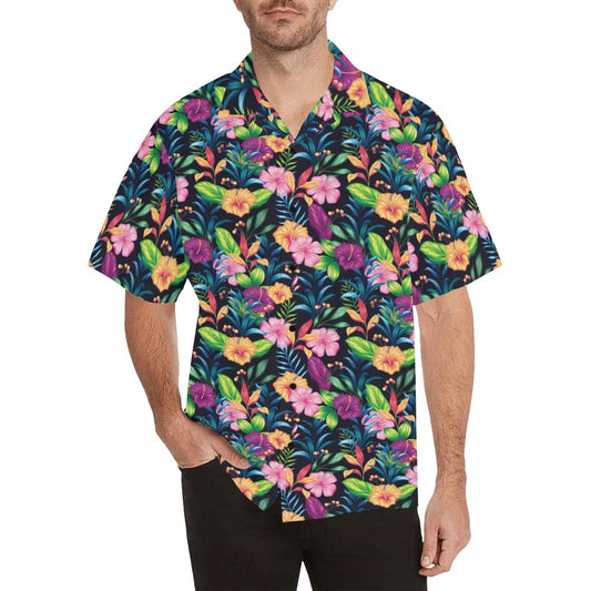 Black Pink Flowers Men Hawaiian shirt, Tropical Vintage Aloha Hawaii Retro Summer Tropical Beach Plus Size Cool Leaves Button Down Shirt