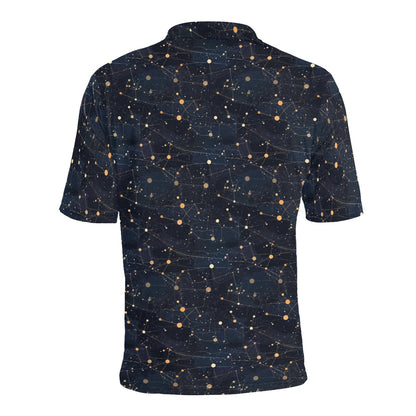Constellation Men Polo Collared Shirt, Space Universe Pattern Casual Summer Buttoned Down Up Shirt Short Sleeve Sports Golf Tee
