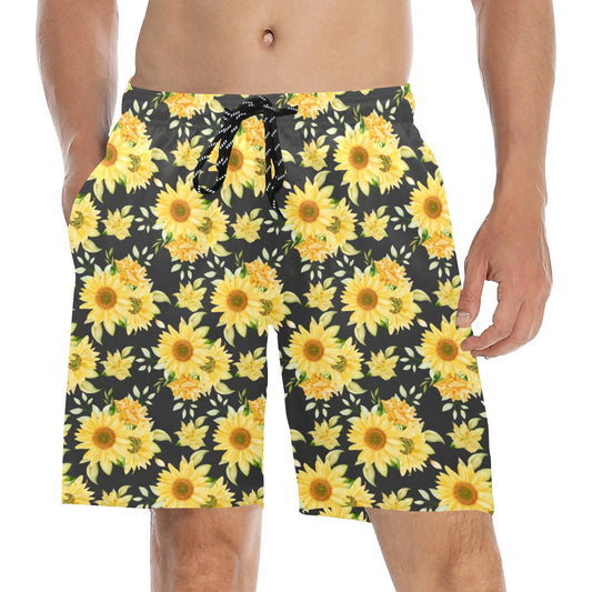 Sunflower Men Swim Trunks, Floral Yellow Flowers Mid Length Shorts Beach Front Back Pockets Mesh Linen Drawstring Bathing Suit Plus Size