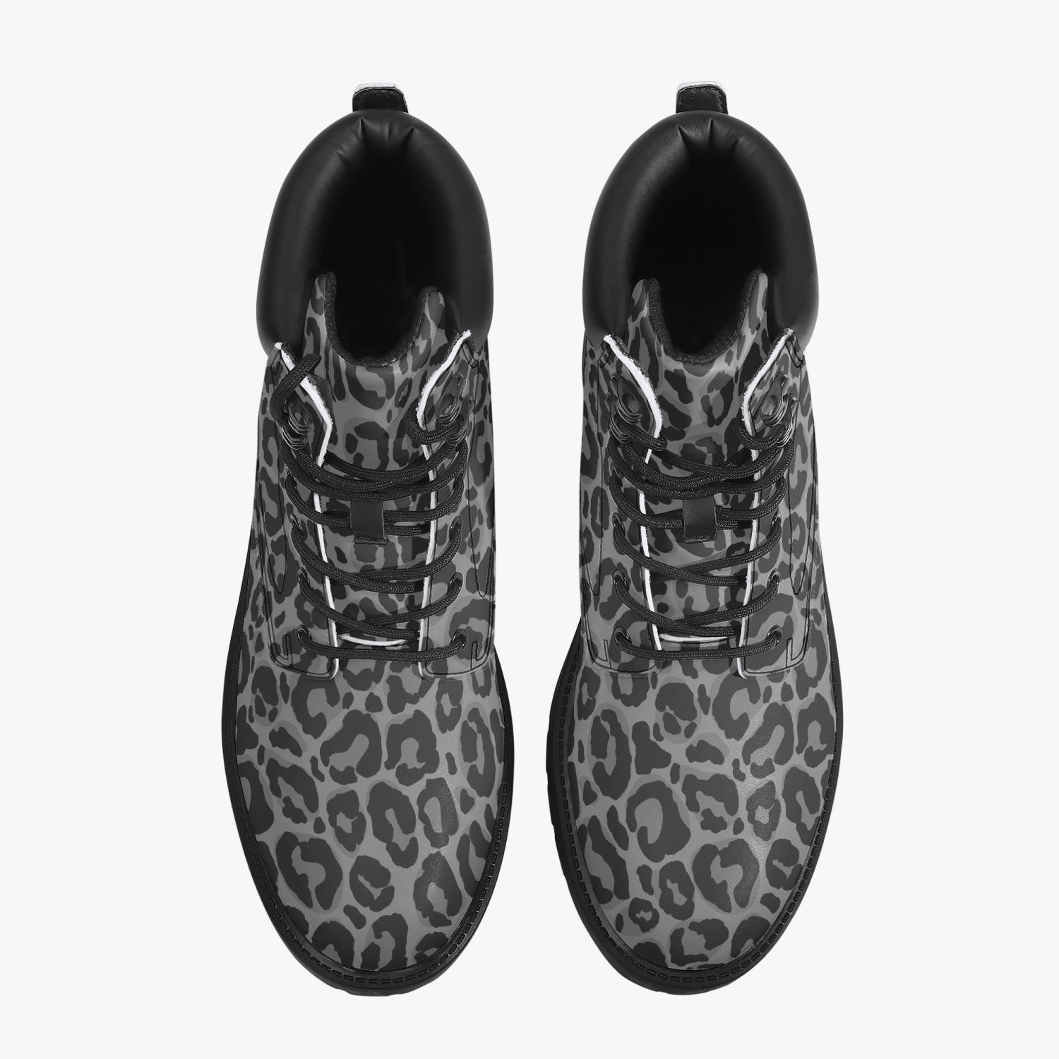 Grey Leopard Leather Boots, Animal Print Lace Up Shoes Waterproof Hiking Festival Black Ankle Combat Work Winter Casual Custom Gift Starcove Fashion