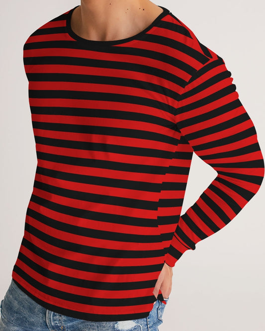 Red and Black Striped Men Long Sleeve Tshirt, Stripe Unisex Guys Women Designer Graphic Aesthetic Crew Neck Tee Shirt