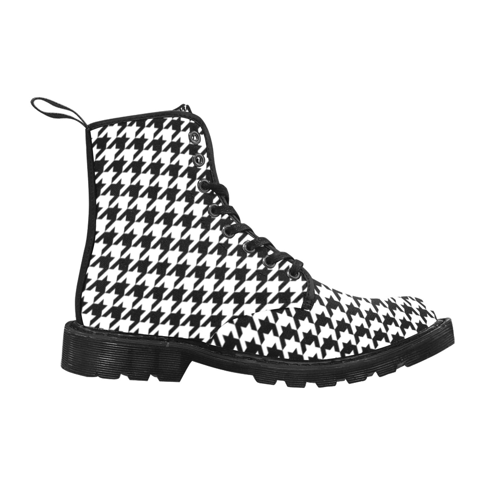 Houndstooth Women's Boots, Black White Print Vegan Canvas Lace Up Shoes Army Ankle Combat Winter Casual Custom Gift Starcove Fashion