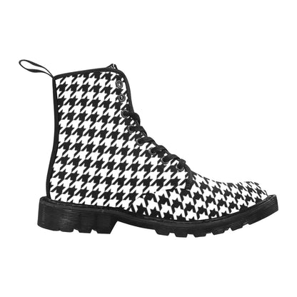 Houndstooth Women's Boots, Black White Print Vegan Canvas Lace Up Shoes Army Ankle Combat Winter Casual Custom Gift