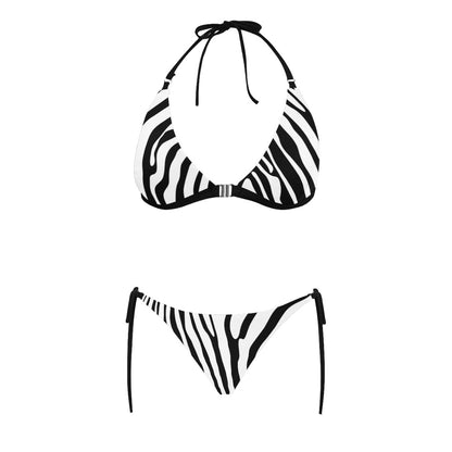 Zebra Print High Waisted Bikini Set, Black White Animal High Waist Bottom Bathing Suit Sexy Triangle Padded Halter Plus Size Swimsuit