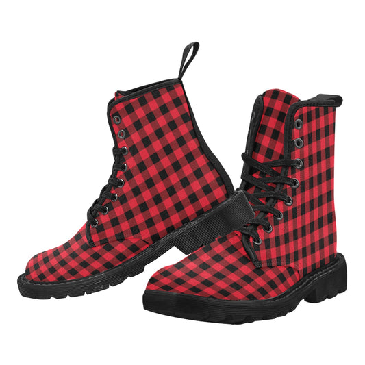 Red Buffalo Plaid Women's Boots, Black Check Lumberjack Vegan Canvas Combat Lace Up Shoes Print Army Gothic Winter Casual Ladies Designer