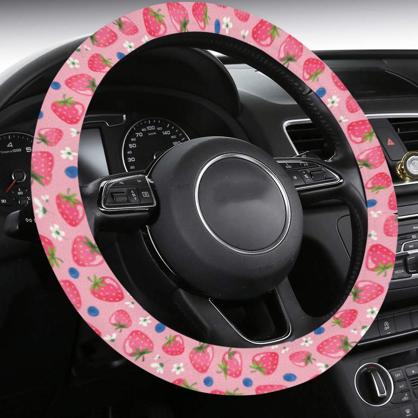 Strawberry Steering Wheel Cover with Anti-Slip Insert, Pink Red Fruit Floral Flowers Kawaii Women Print Car Auto Wrap Protector Accessories Starcove Fashion