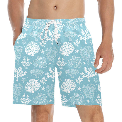 Coral Reef Men Mid Length Shorts, Ocean Sea Beach Swim Trunks Front and Back Pockets & Mesh Drawstring Boys Casual Bathing Suit Summer