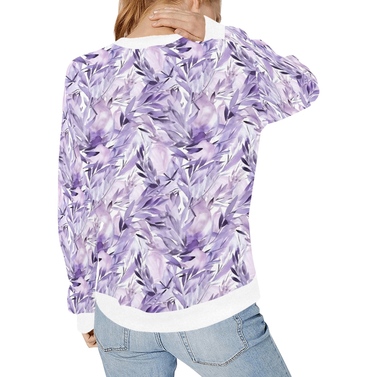 Lavender Women Sweatshirt, Purple Flowers Floral Watercolor Crewneck Fleece Sweater Jumper Pullover Ladies Adult Aesthetic Designer Top