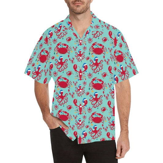 Beach Christmas Men Hawaiian shirt, Lobster Octopus Crab Ocean Dad Funny Print Vintage Retro Tropical Hawaii Aloha Plus Size Button Up Shirt Starcove Fashion