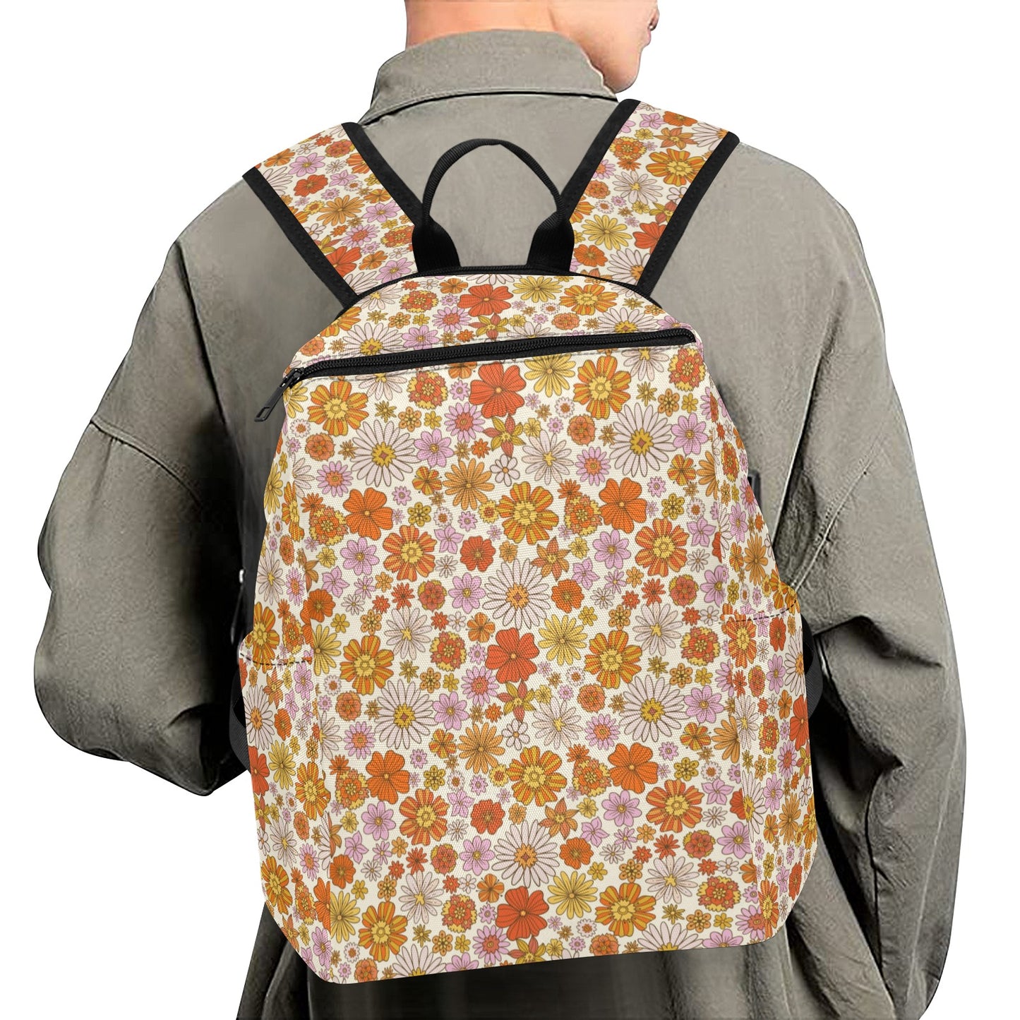 Pink Floral Backpack, Retro Vintage 70s Flowers Men Women Kids Gift Him Her School College Cool Waterproof Side Pockets Laptop Aesthetic Bag