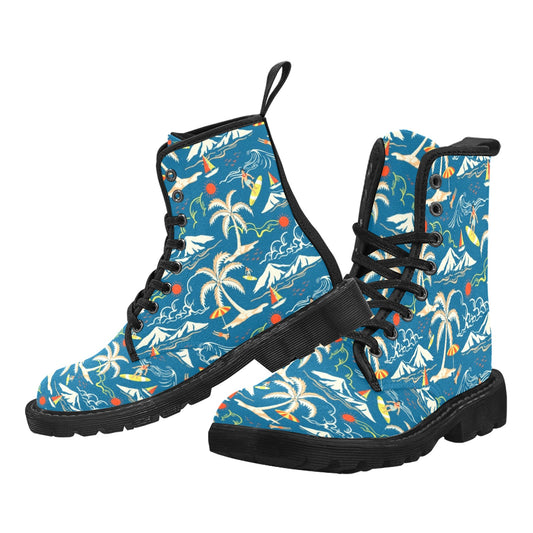 Tropical Women's Boots, Beach Ocean Palm Trees Island Sea Blue Vegan Canvas Lace Up Ladies Shoes Print Black Ankle Combat Casual Custom