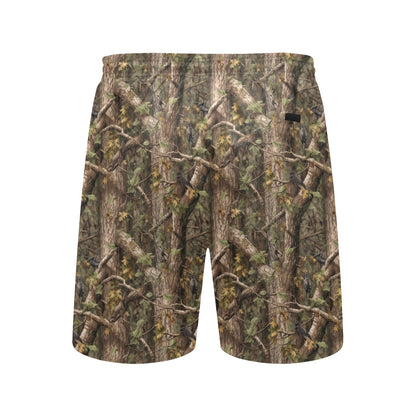 Tree Bark Camo Men Swim Trunks, Real Hunting Mid Length Shorts Green Camouflage Beach Pockets Mesh Lining Drawstring Bathing Suit Plus Size