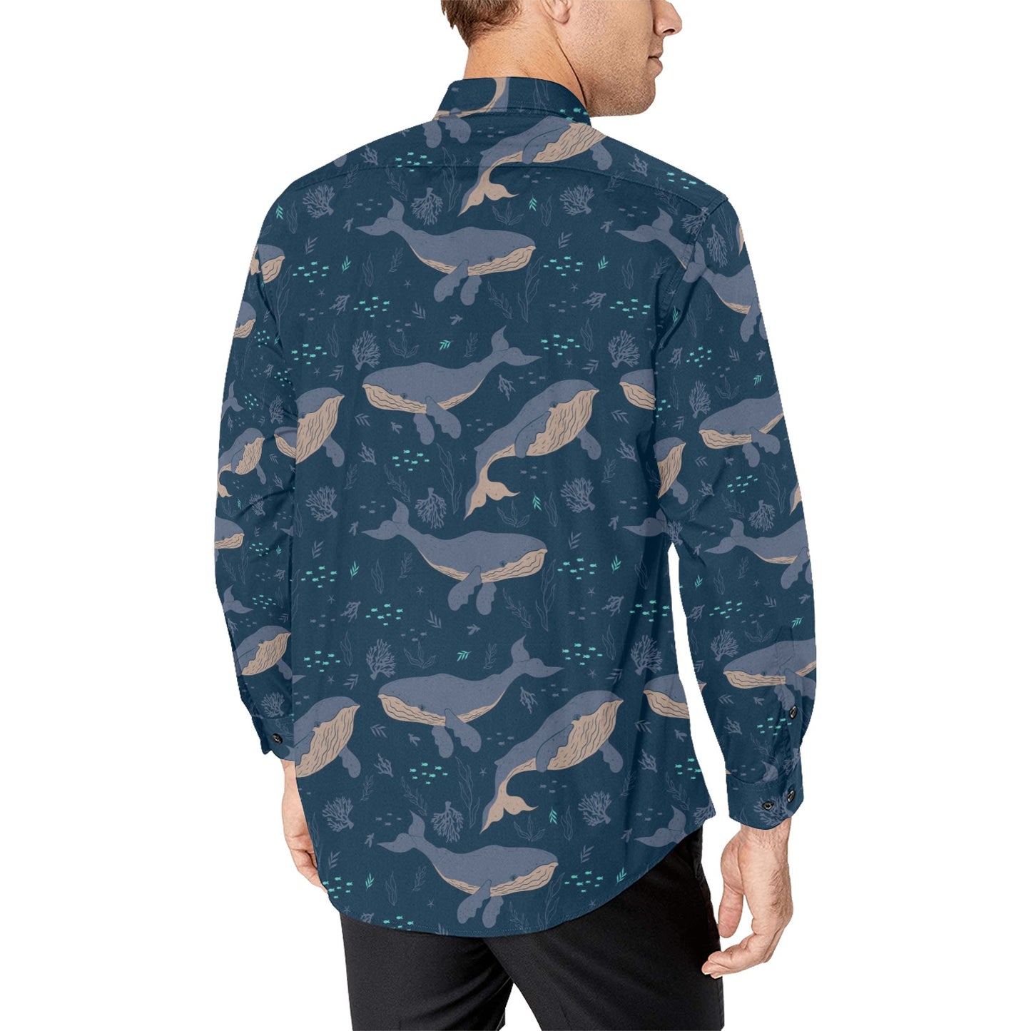 Blue Whale Men Button Up Shirt, Long Sleeve Marine Animals Beach Sea Fish Print Dress Buttoned Collar Dress Shirt with Chest Pocket