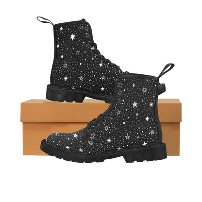 Stars Space Women boots, Constellation Universe Classic Vegan Canvas Lace Up Shoes Festival Print Black Ankle Combat Casual Custom Gift Starcove Fashion