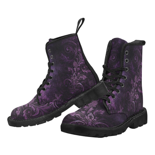 Purple Black Gothic Women's Combat Boots, Grunge Punk Dark Vegan Canvas Lace Up Shoes Print Army Ankle Hiking Winter Casual Custom Ladies