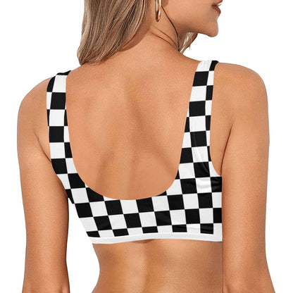 Checkered Bikini Top, Black White Checkerboard Check Sports Bathing Suit Plus Size Padded Swim Swimsuit Women Swimwear Starcove Fashion