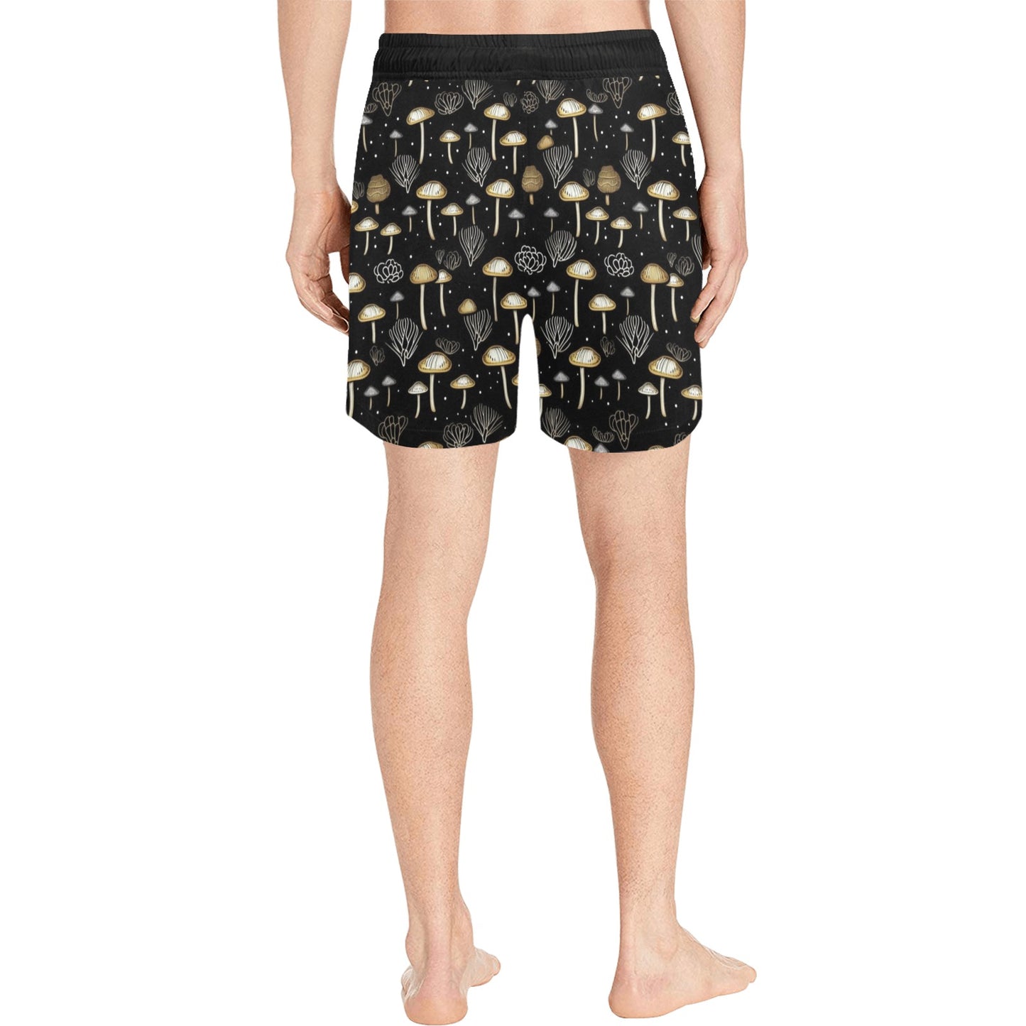 Mushroom Men Swim Trunks Shorts, Black Gold Print Art Mid Length Beach Pockets Mesh Drawstring Casual Designer Bathing Suit Summer