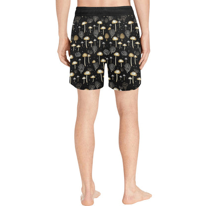 Mushroom Men Swim Trunks Shorts, Black Gold Print Art Mid Length Beach Pockets Mesh Drawstring Casual Designer Bathing Suit Summer