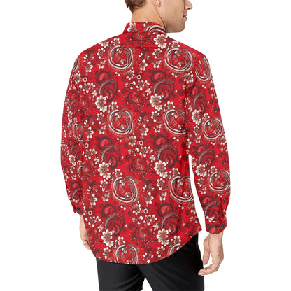 Red Paisley Men Button Up Shirt, Bandana Long Sleeve Pattern Print Dress Buttoned Collar Casual Dress Collared Shirt with Chest Pocket Starcove Fashion