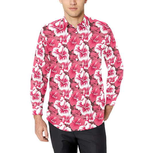 Hibiscus Long Sleeve Men Button Up Shirt, Pink Floral Flowers Tropical Print Male Guys Buttoned Down Collar Casual Dress Shirt