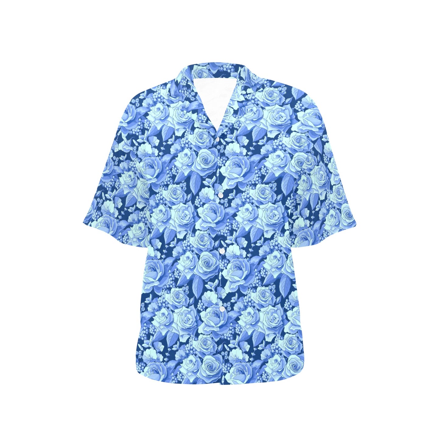 Blue Floral Women Hawaiian shirt, Flowers Tropical Print Vintage Retro Hawaii Aloha Cool Button Up Down Ladies Cool Blouse