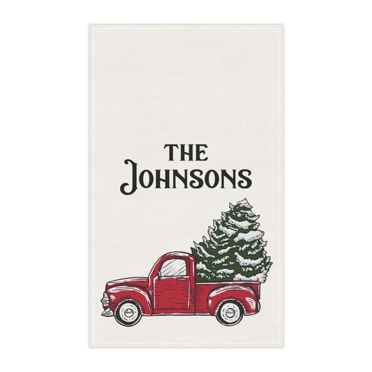 Personalized Christmas Kitchen Towel, Red Vintage Christmas Tree Truck Custom Family Name Hand Dish Wash Tea Towel Decor Gift Starcove Fashion