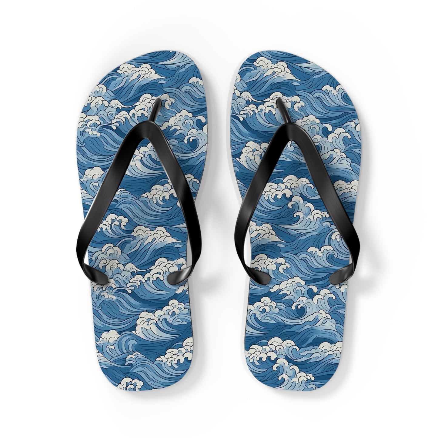 Sea Waves Flip Flops, Japanese Blue Comfortable Thong Sandals Summer Woman Men Ladies Beach Print Rubber Slip On Shoes