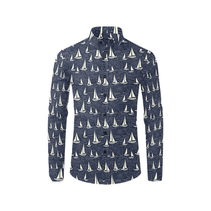 Sail Boats Men Button Up Shirt, Long Sleeve Nautical Navy Ocean Sea Blue Print Dress Buttoned Collar Casual Dress Shirt with Chest Pocket