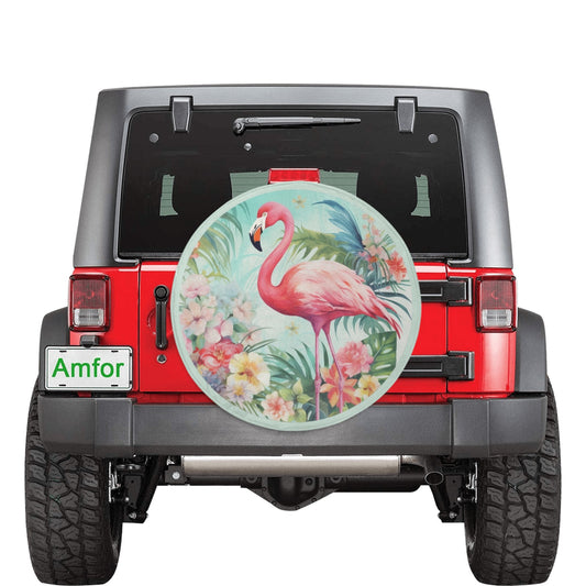 Pink Flamingo Spare Tire Cover, Floral Tropical Green Backup Camera Hole Rear Wheel Accessories Custom Unique Design Trailer Camper RV Back