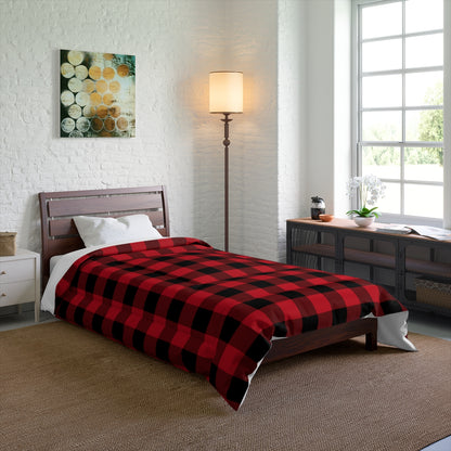 Red Buffalo Plaid Bed Comforter, Black Check King Queen Twin Single Full Size Cool Luxury Quilted Blanket Duvet Bedding Bedroom Starcove Fashion