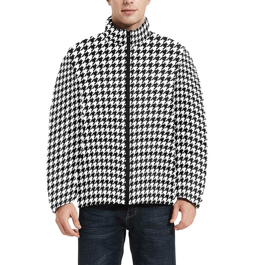 Houndstooth Men Lightweight Bomber Jacket, Black White Stand Collar Padded Streetwear Quilted Winter Warm Coat
