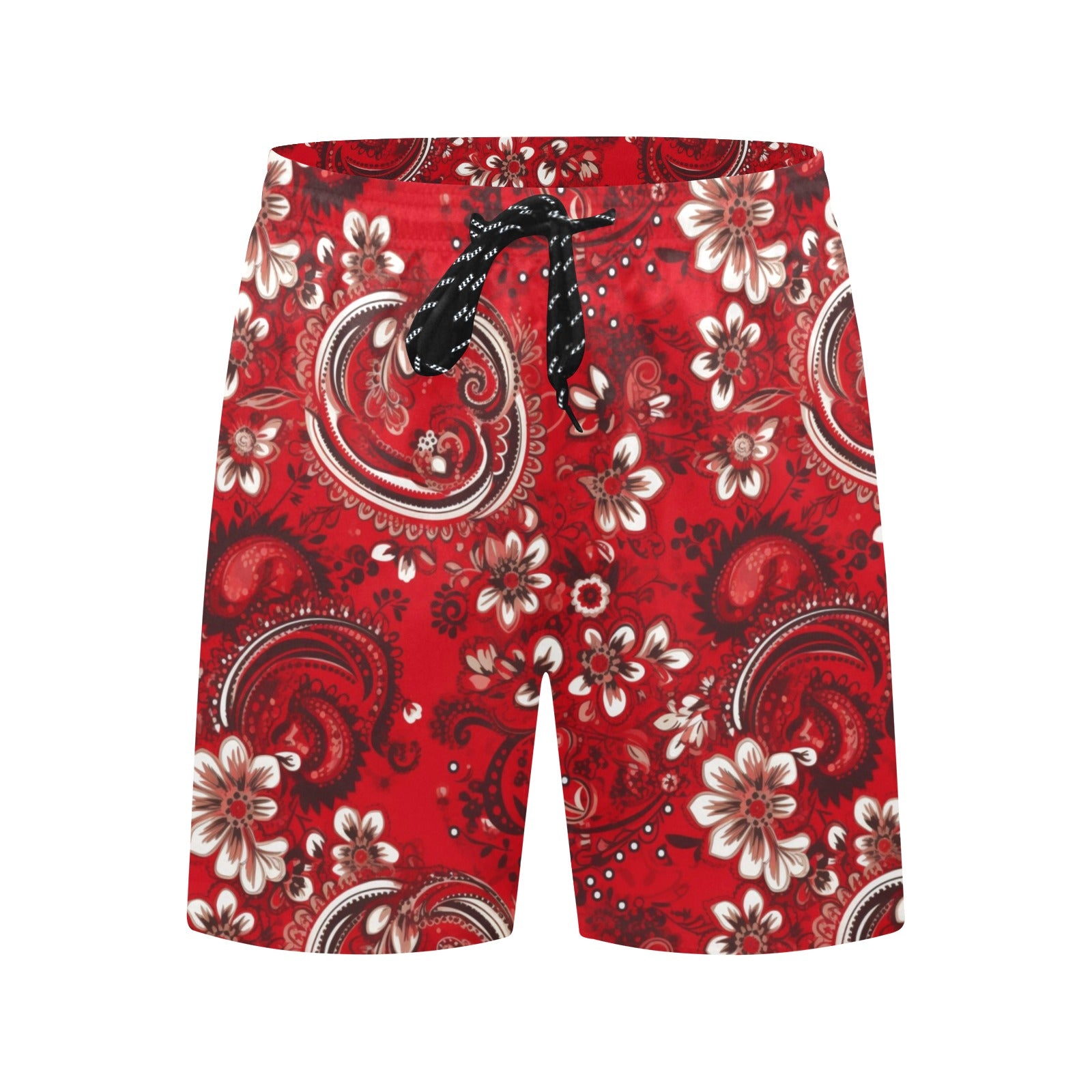 Red Bandana Men Swim Trunks, Paisley Mid Length Shorts Beach Pockets Mesh Lining Drawstring Boys Casual Bathing Suit Plus Size Swimwear Starcove Fashion