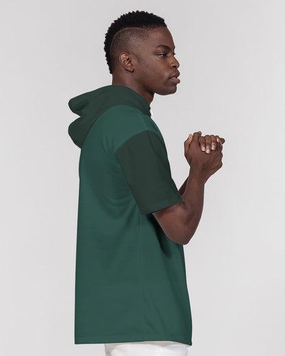 Green Short Sleeve Hoodie Mens, Color Block Pine Green Pullover Unisex Summer Beach Hooded Sweatshirt with Pockets Starcove Fashion