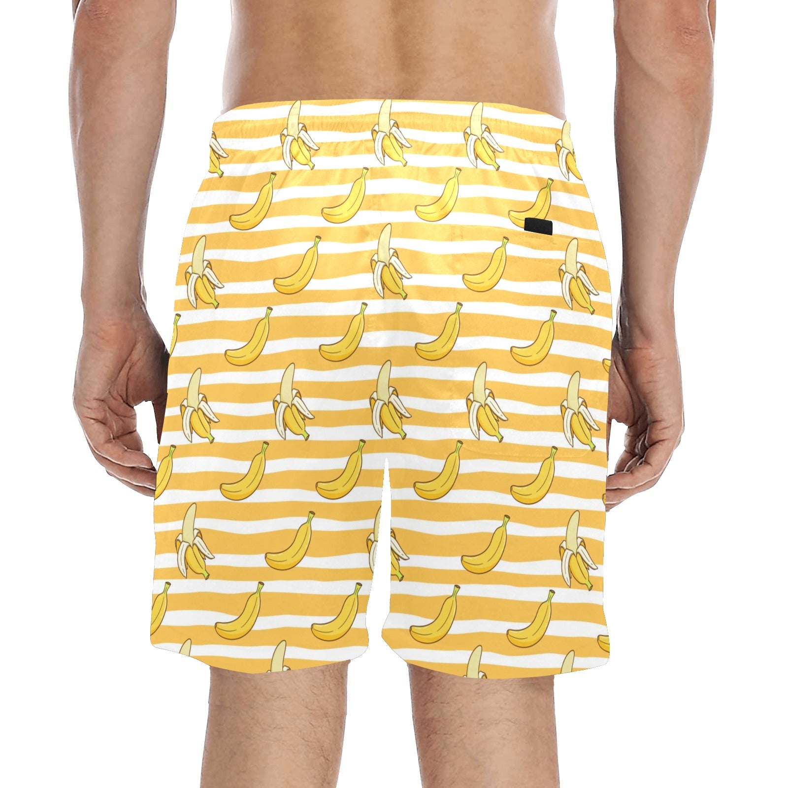 Banana Men Mid Length Shorts, Striped Yellow Funny Beach Swim Trunks Front and Back Pockets Mesh Drawstring Boys Casual Bathing Suit Summer Starcove Fashion