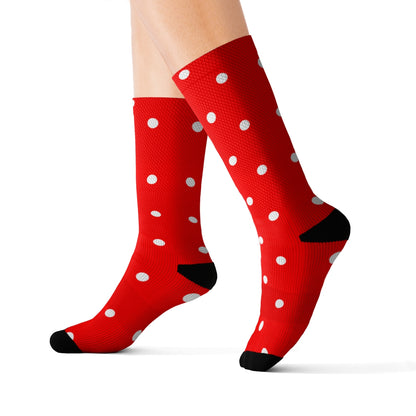 Red Polka Dots Socks, White Crew 3D Sublimation Women Men Designer Fun Novelty Cool Funky Casual Cute Unique Gift Starcove Fashion