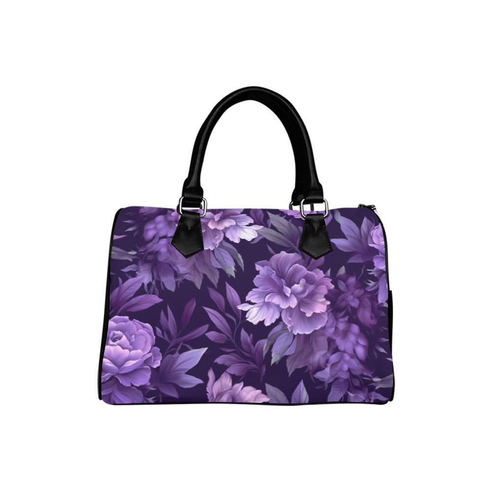 Dark Purple Floral Print Handbag Purse, Cute Flowers Art Top Zipper Canvas Leather Top Handle Barrel Type Women Designer Ladies