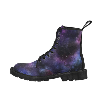 Galaxy Space boots Women's Vegan Canvas Lace Up Shoes, Purple Universe Constellation Festival Print Black Ankle Combat, Casual Custom Gift Starcove Fashion