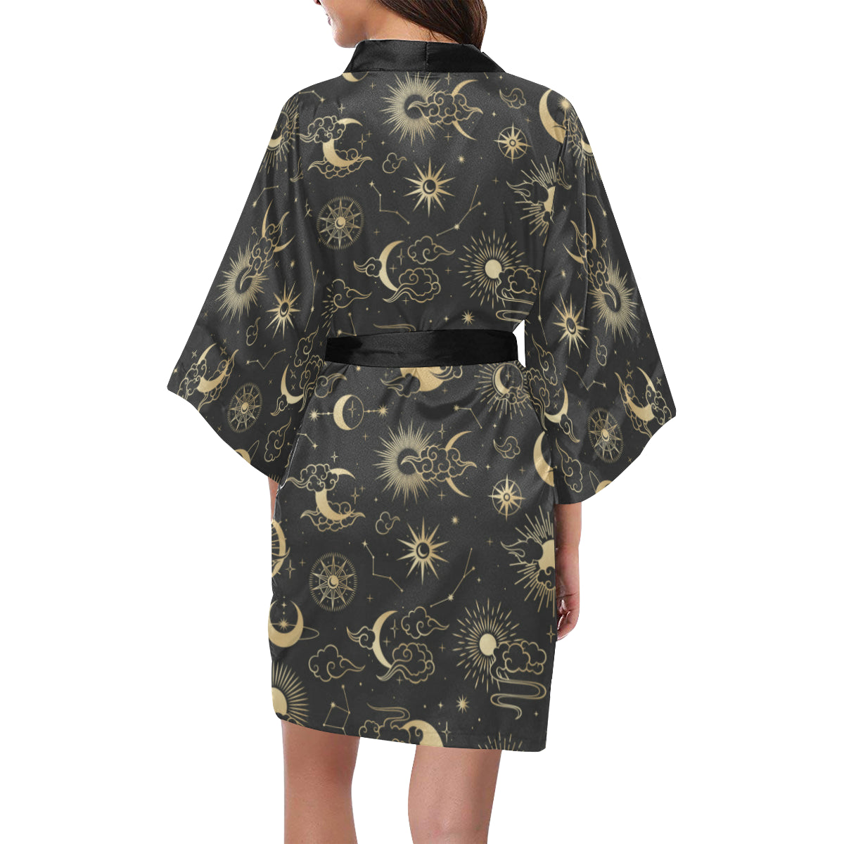 Sun Moon Kimono Robe, Stars Print Black Oriental Constellation Celestial Bathrobe Women's Short Lounge Sleepwear Pajama Starcove Fashion