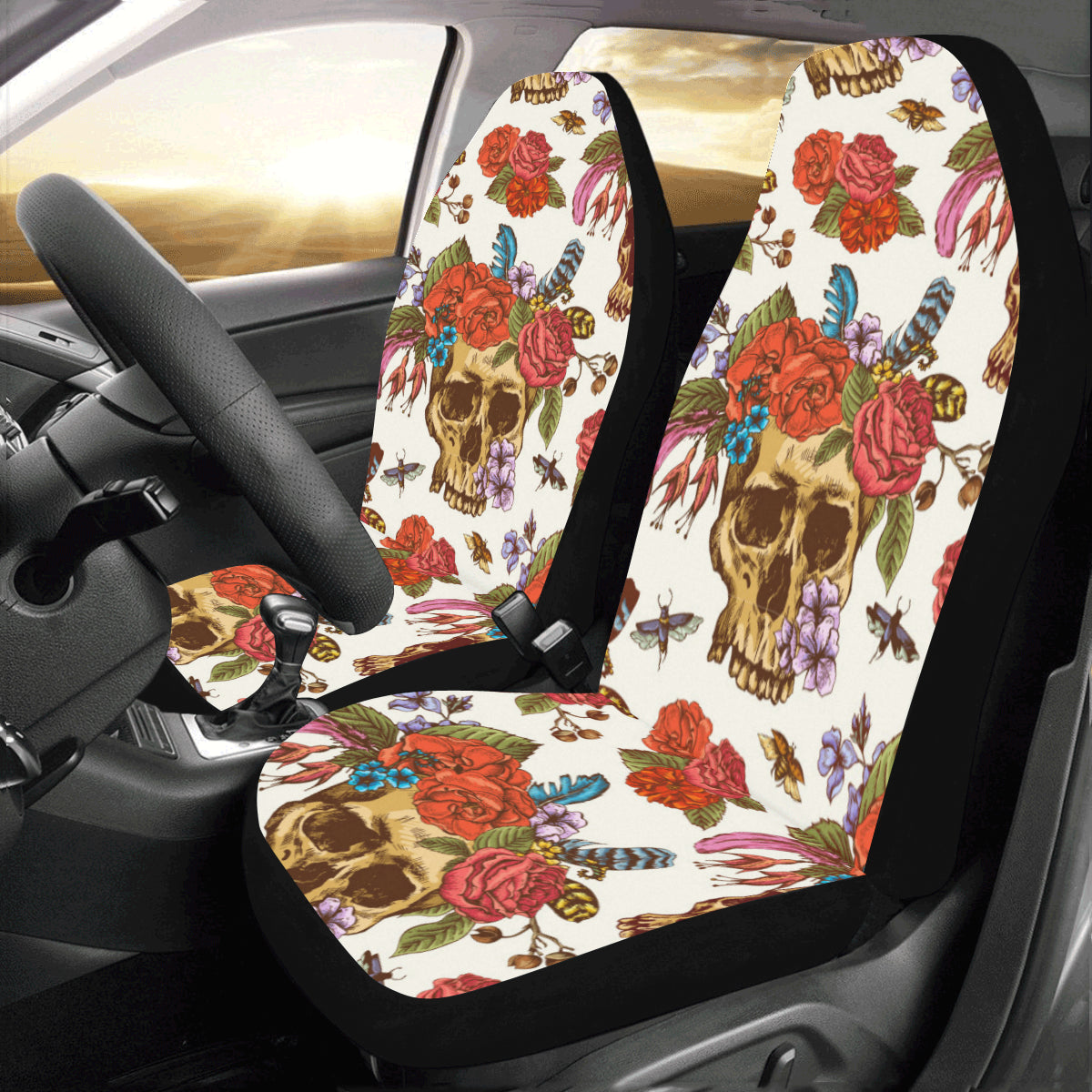 Sugar Skull Car Seat Covers 2 pc, Mexican Rose Skull Art Pattern Front Seat Covers, Car SUV Seat Protector Accessory Decoration Starcove Fashion