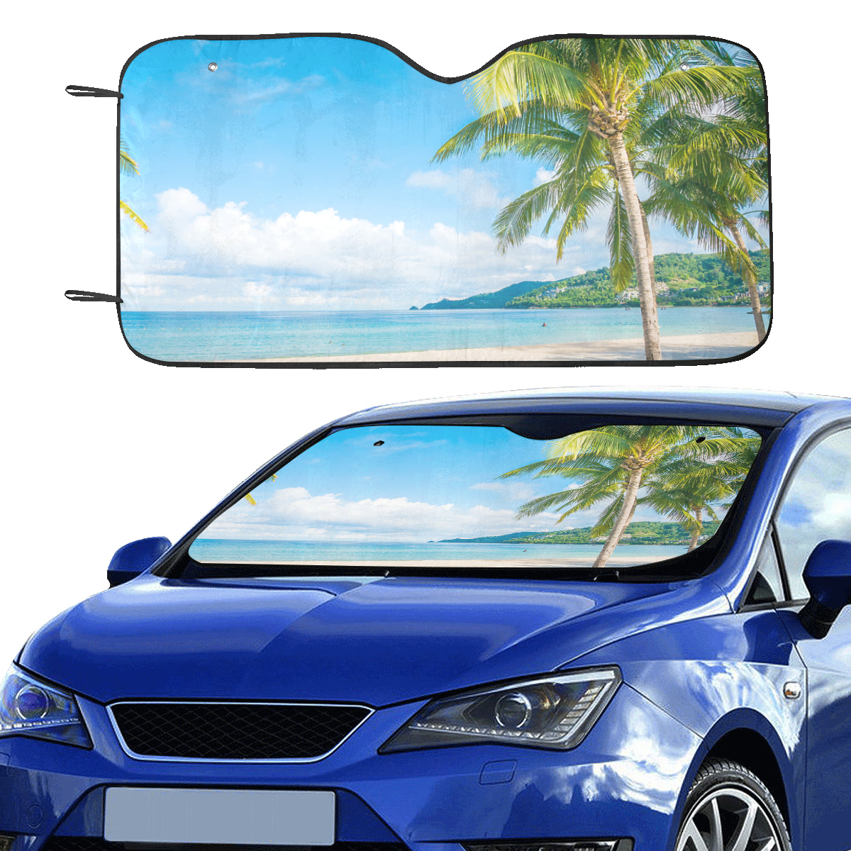 Tropical Beach Windshield Sun Shade, Ocean Sea Palm Tree Car Accessories Auto Protector Window Visor Screen Cover Decor 55" x 29.53"