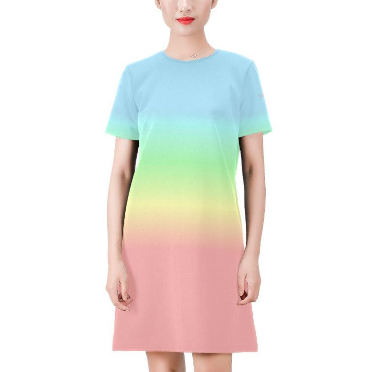 Pastel Rainbow Ombre Dress, Colorful Pink Blue Gradient Tie Dye Short-Sleeve Summer Round Neck A-Line Dress Starcove Fashion