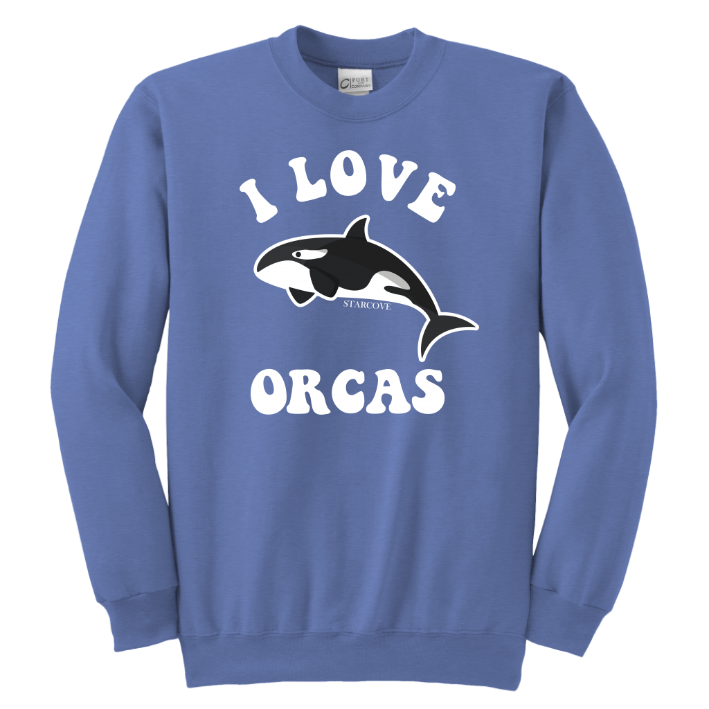 I Love Orcas Killer Whales Kids sweatshirt, Blue Ocean Beach Gift Graphic Sea Youth Crewneck Girls Boys Children Starcove Fashion