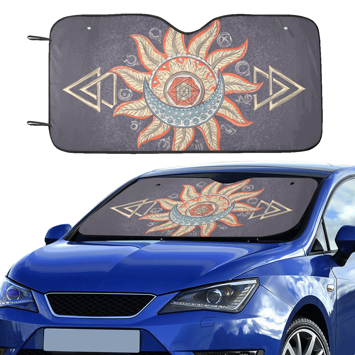 Sun Moon Windshield Sun Shade, Boho Bohemian Spiritual Stars Car Accessories Auto Cover Protector Window Visor Screen Decor 55" x 29.53"