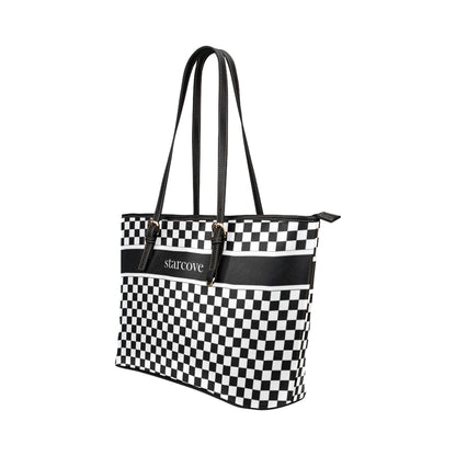 Black and White Tote Bag Purse, Checkered Check Racing Print Handbag Checkerboard Zip Top Vegan High Grade Leather Designer Shoulder Starcove Fashion