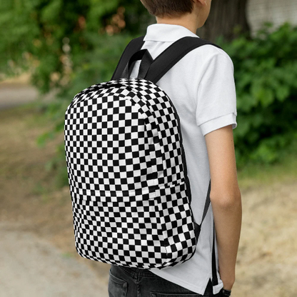 Checkered Canvas Backpack, Black White Racing Flag Check 15" Laptop Men Women Kids Gift Him Her College Waterproof Pockets Aesthetic Bag