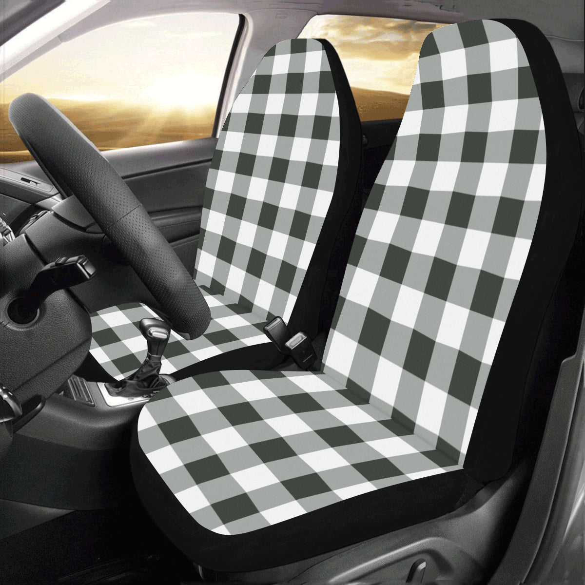 Buffalo Plaid Car Seat Covers 2 pc, Black and White Check Lumberjack Front Seat Covers, Car SUV Seat Protector Accessory Starcove Fashion