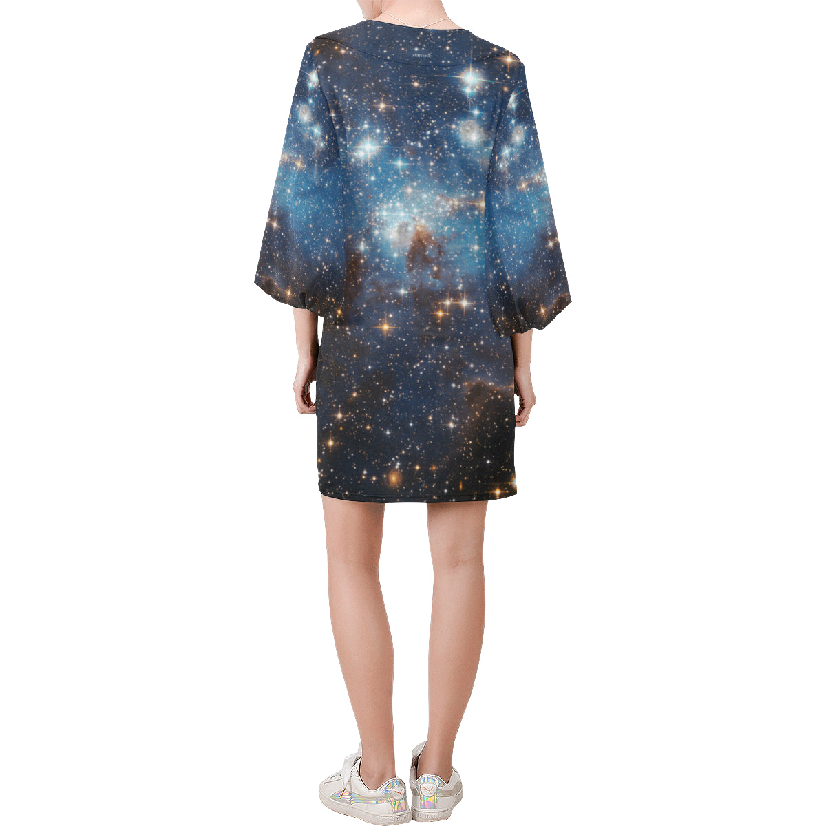 Galaxy Bell Sleeve Dress, Long Sleeve Black Blue Print Space Stars Constellation Celestial Fantasy Party Festival Universe Starcove Fashion