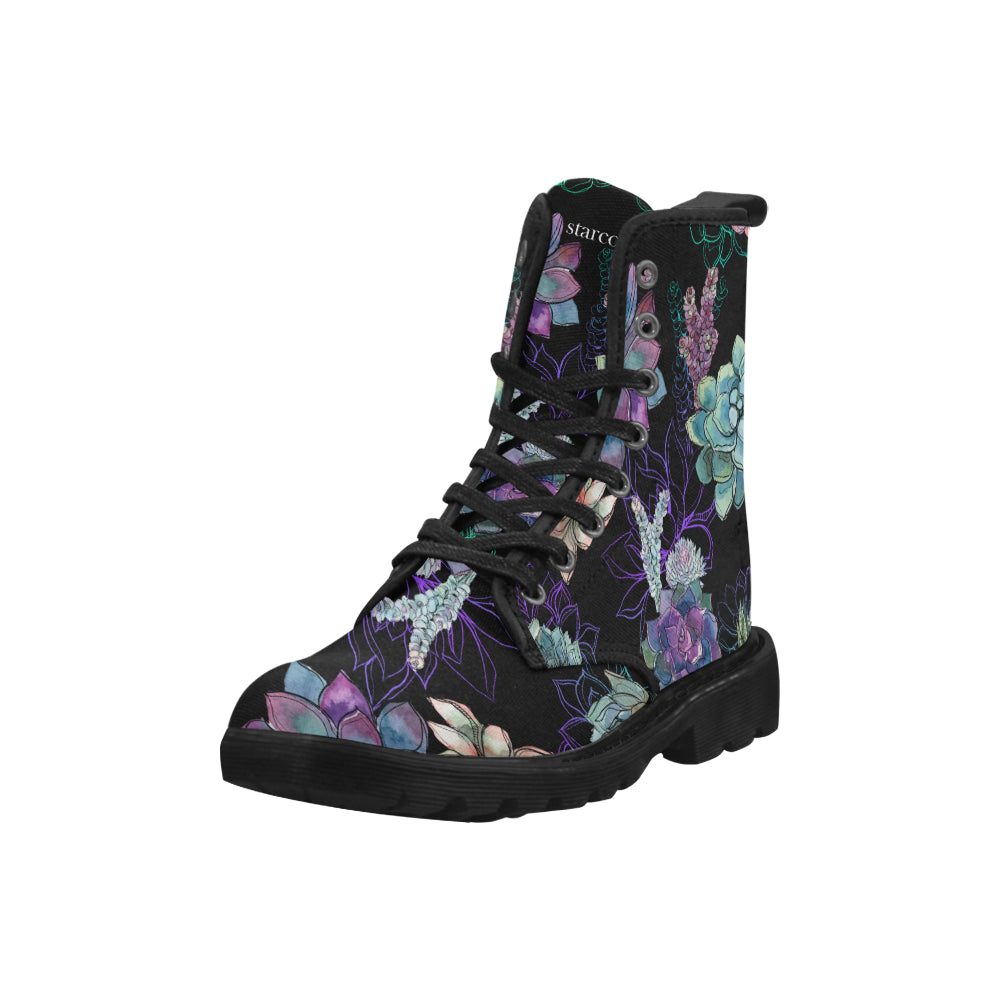 Succulents Women's Boots, Cactus Vegan Canvas Lace Up Shoes, Plants Cactus Print Black Purple Ankle Combat, Casual Custom Gift Starcove Fashion