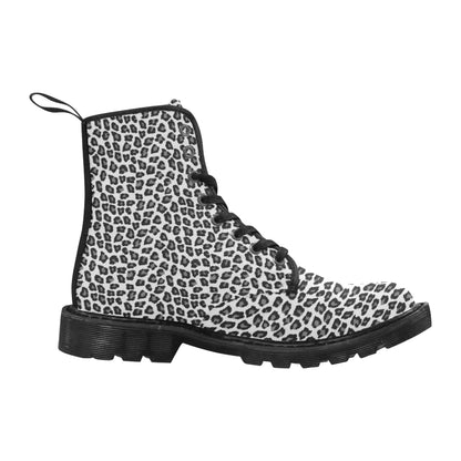 Snow Leopard Women's Boots, Animal Print Vegan Canvas Lace Up Shoes, Black White Print Army Ankle Combat, Winter Casual Custom Gift Starcove Fashion